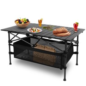 Folding Camping Table Portable Lightweight Aluminum Roll-up Picnic BBQ Desk with Carrying Bag Heavy Duty Outdoor Beach Backyard Party Patio - Black
